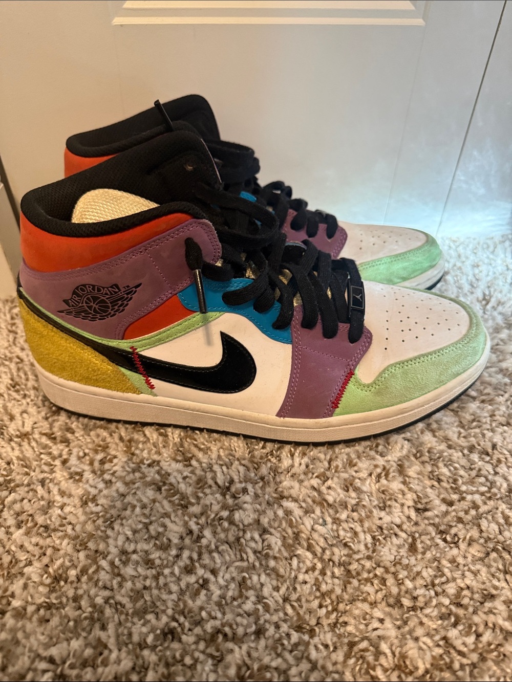 Jordan Women's Multi-Panel Mid-Top Sneakers in Purple, Green, Yellow and Orange